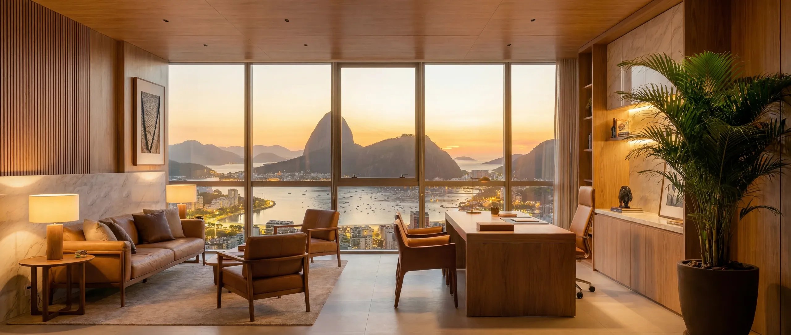 Escritório de alto padrão com forro de madeira e dots embutidos, poltronas de couro caramelo e mesa de trabalho diante de janela envidraçada com vista para o Pão de Açúcar ao pôr do sol.