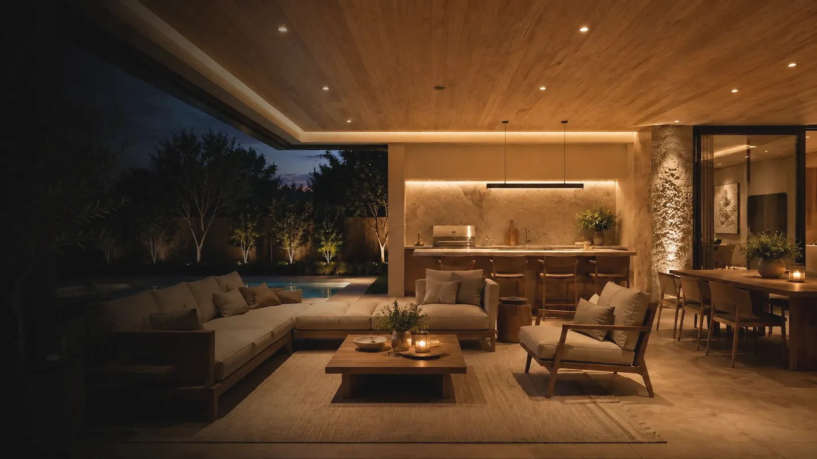 Ambiente externo de alto padrão iluminado por luminárias LED Luminatti ao anoitecer — área de estar, cozinha gourmet e piscina.